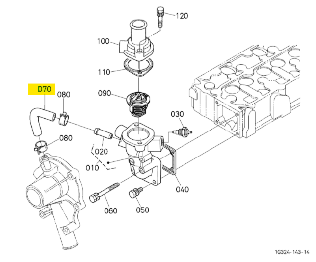 ПАТРУБОК (ПОМПА-ТЕРМОСТАТ) KUBOTA V1505